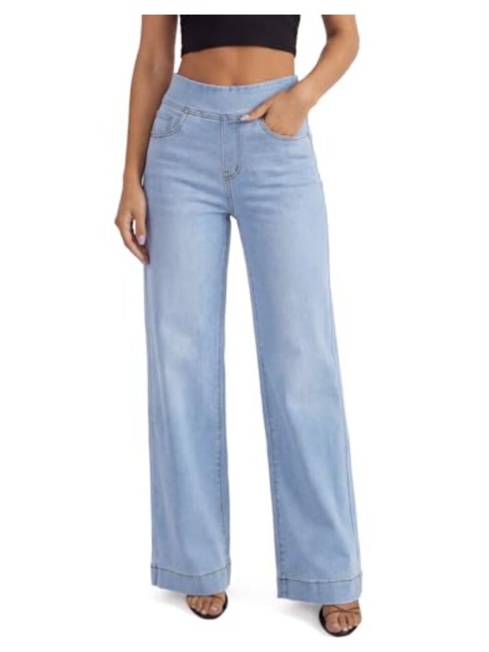 Pull On Wide Leg Jeans High Waisted Stretchy Denim Pants Tummy Control